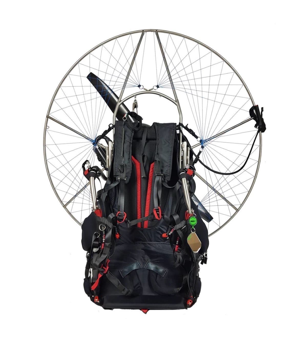 A Macfly Atom 80 paramotor with harness, frame and propeller cage.
